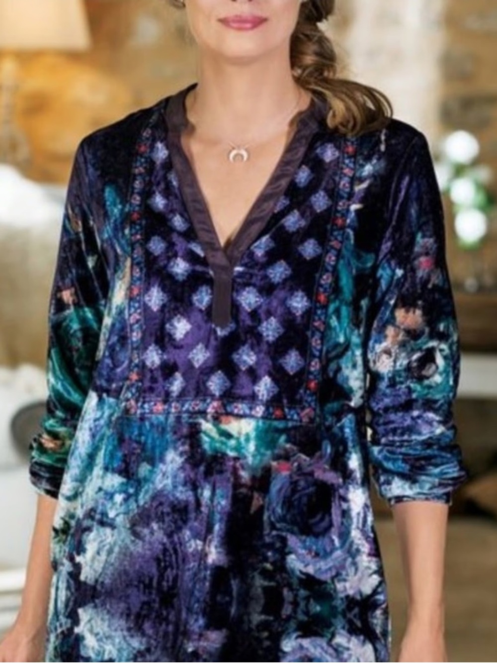 Soft Surroundings Floral Print Velvet Blouse Purple Abstract Floral Fairy